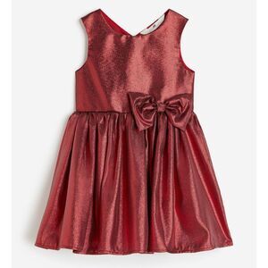 H&M Girls Shiny Metallic Red Sheen Bow Holiday Dress Size 5t NEW